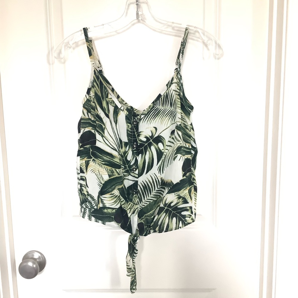 H&M Women’s V-neck Crop Top Shirt Fern Leaf  Tropical Front Tie Size 0 New